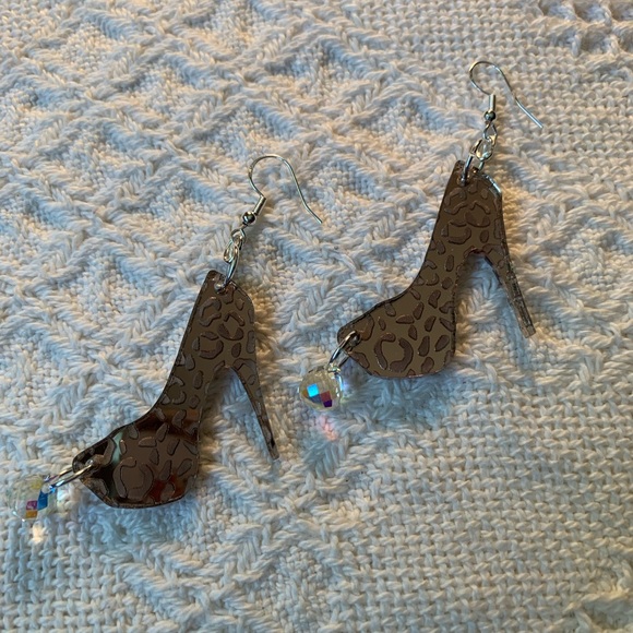 Bronze Leopard Print Stiletto Dangle Earrings - Picture 2 of 5